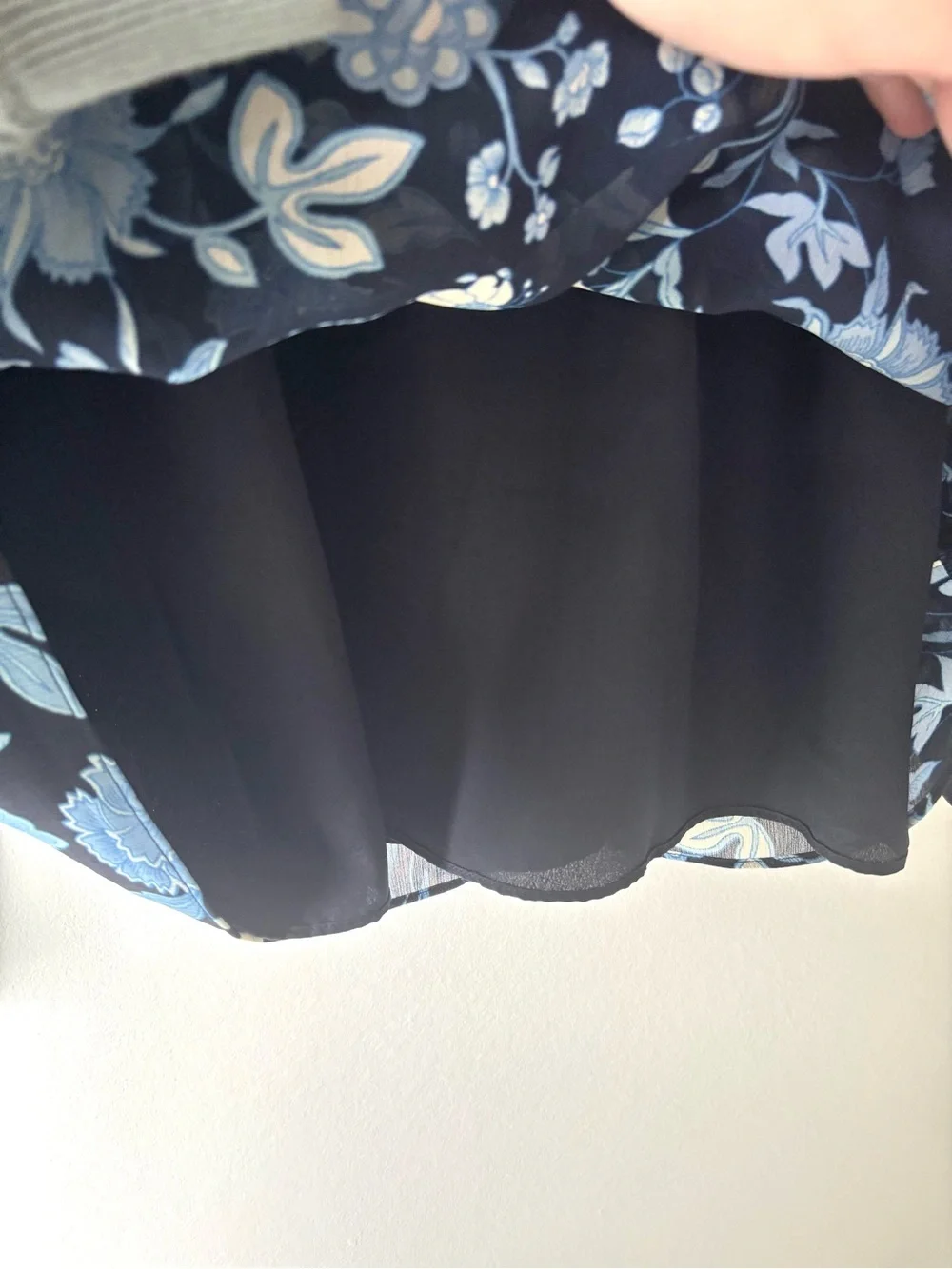 J.Crew Ruffle Neck Chiffon Top Midnight Blue Black Floral Pattern Smocked Ruffle